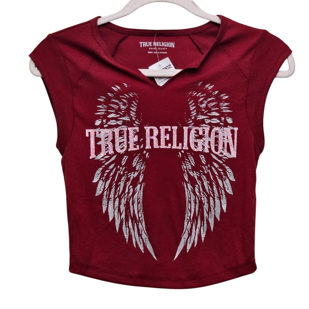 True Religion Crop Top XS Red Crystal Wings Notch Neck Rock & Roll Streetwear